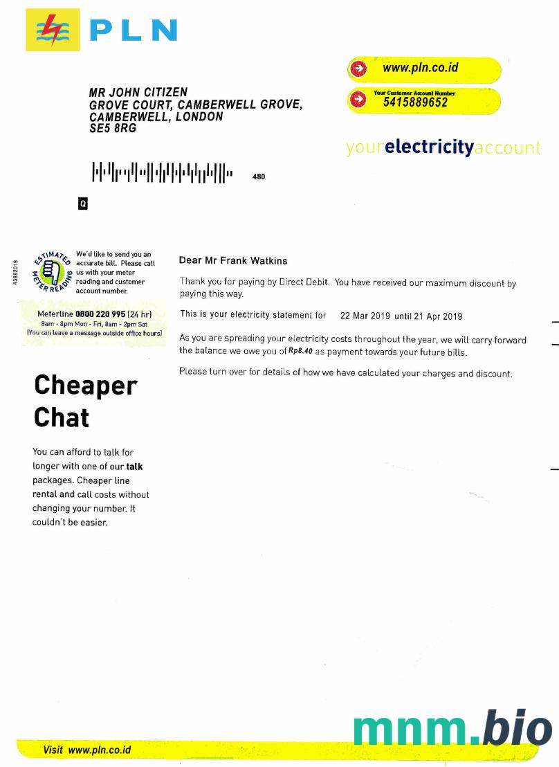 Szablon rachunku za energię elektryczną w Indonezji, w pełni edytowalny w formacie PSD